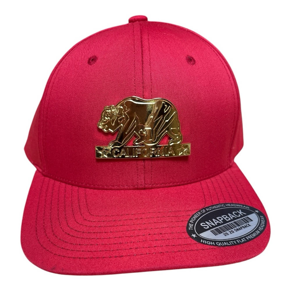 Red California Snapback Hat with Gold Bear